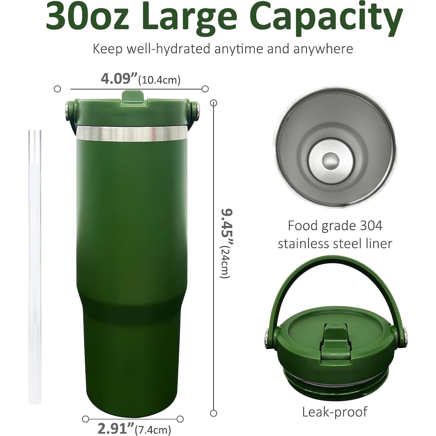 Taza aislada de 30 oz FunTrans con popote y tapa - Verde Ejercito