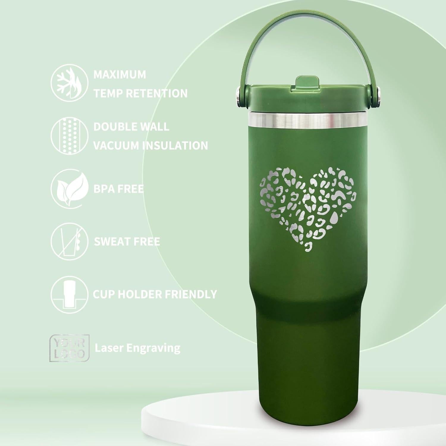 Taza aislada de 30 oz FunTrans con popote y tapa - Verde Ejercito