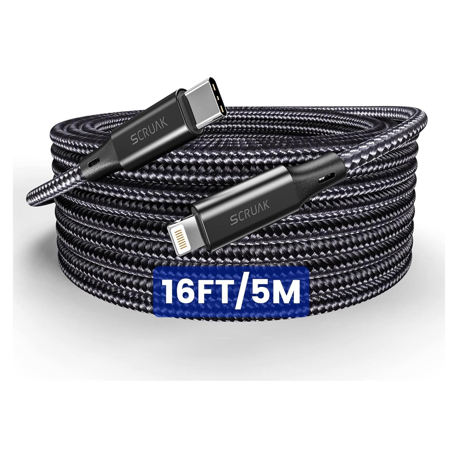 Cable USB C a Lightning 16FT SCRUAK Carga Rápida Nylon Negro