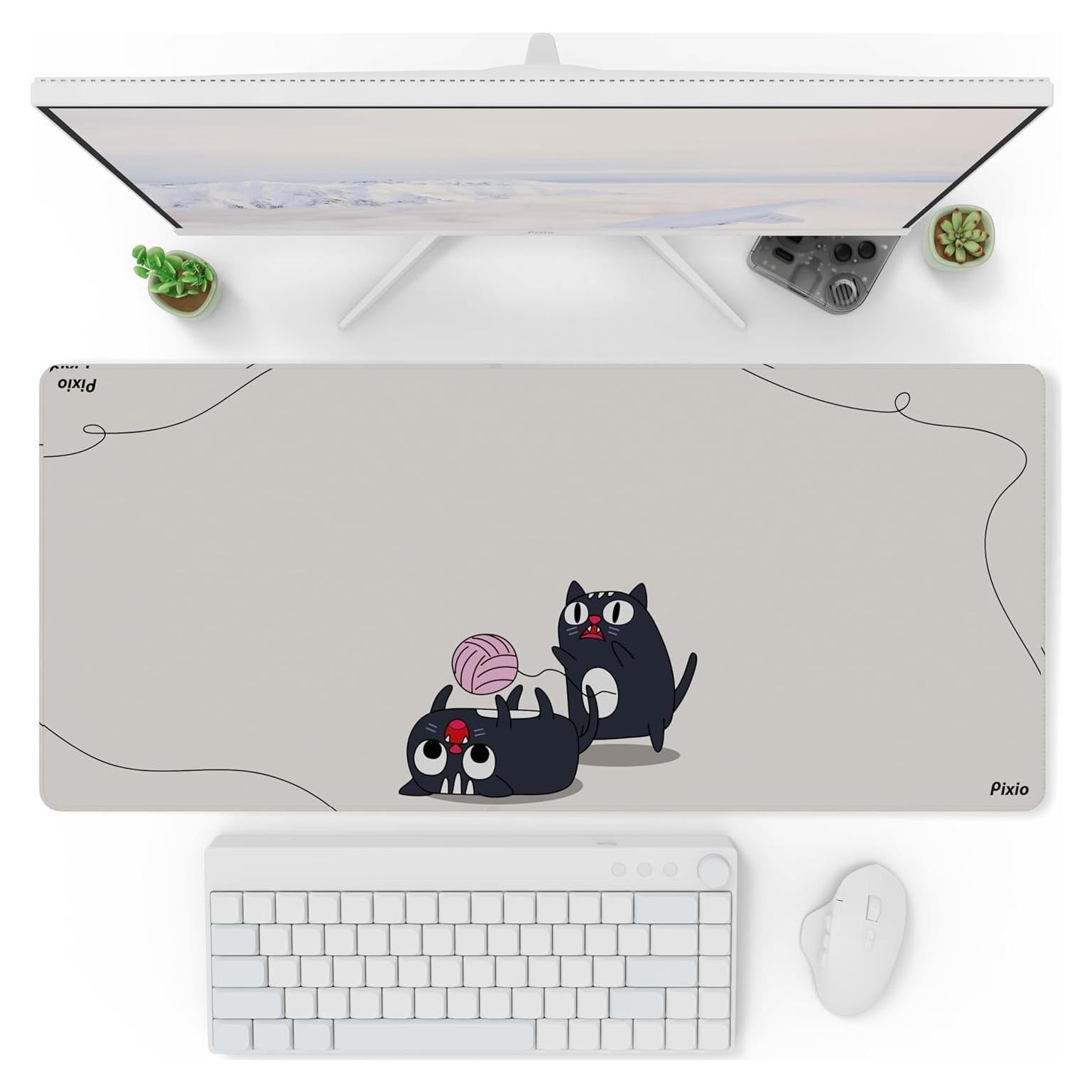 Alfombrilla de Ratón Pixio XXL 91x41 cm Beige Gatos Juguetones