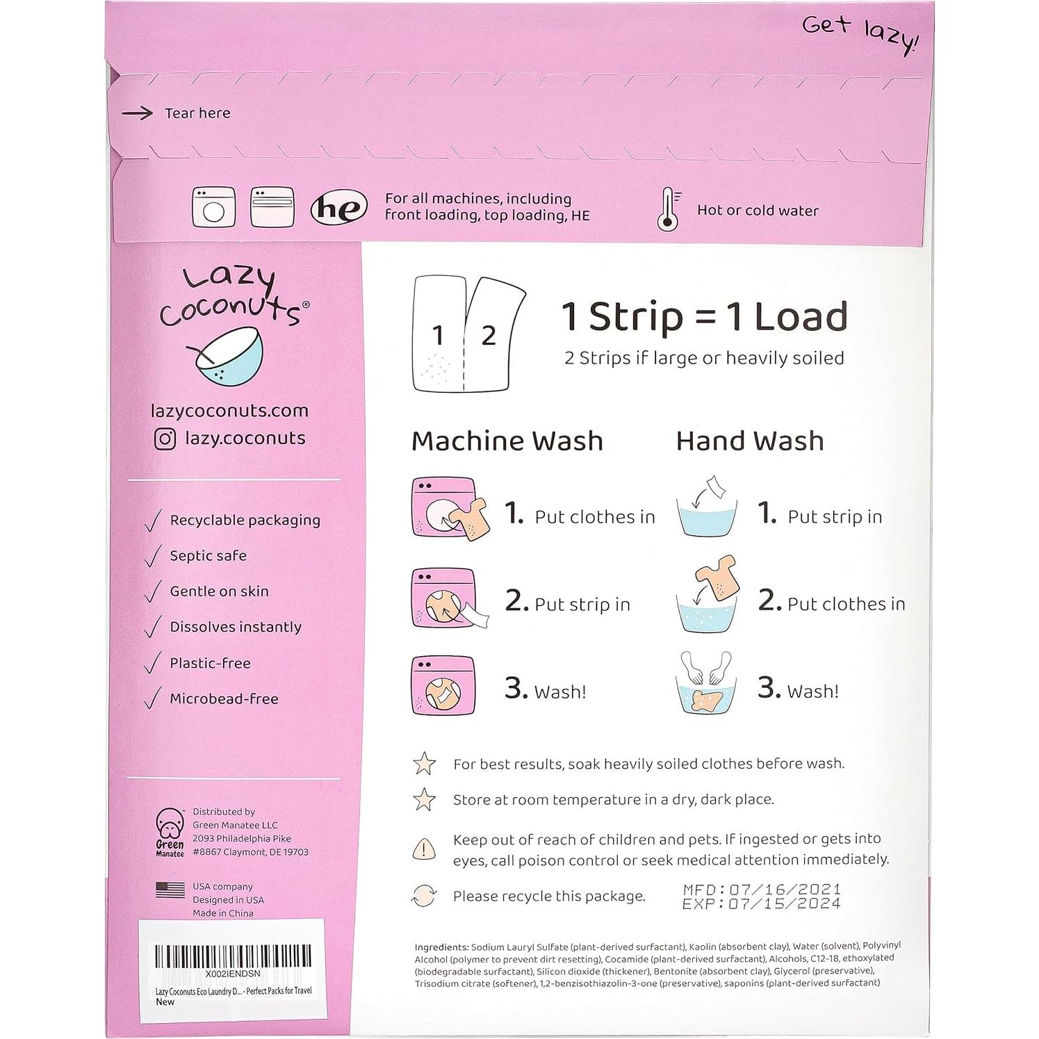 Detergente Ecológico en Tiras Lazy Coconuts - Sin Fragancia, 48 Unidades