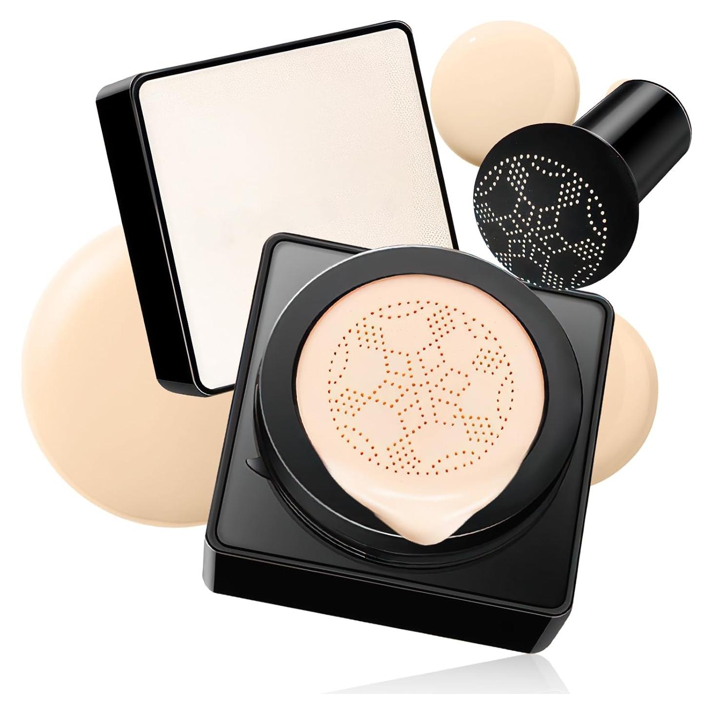 Air Cushion CC Cream Mushroom Head - Moisturizing & Oil Control Screw Lid Concealer Makeup Base, Primer Liquid Foundation Long Lasting with Mushroom Makeup Sponges for All Skin Types (Ivory)