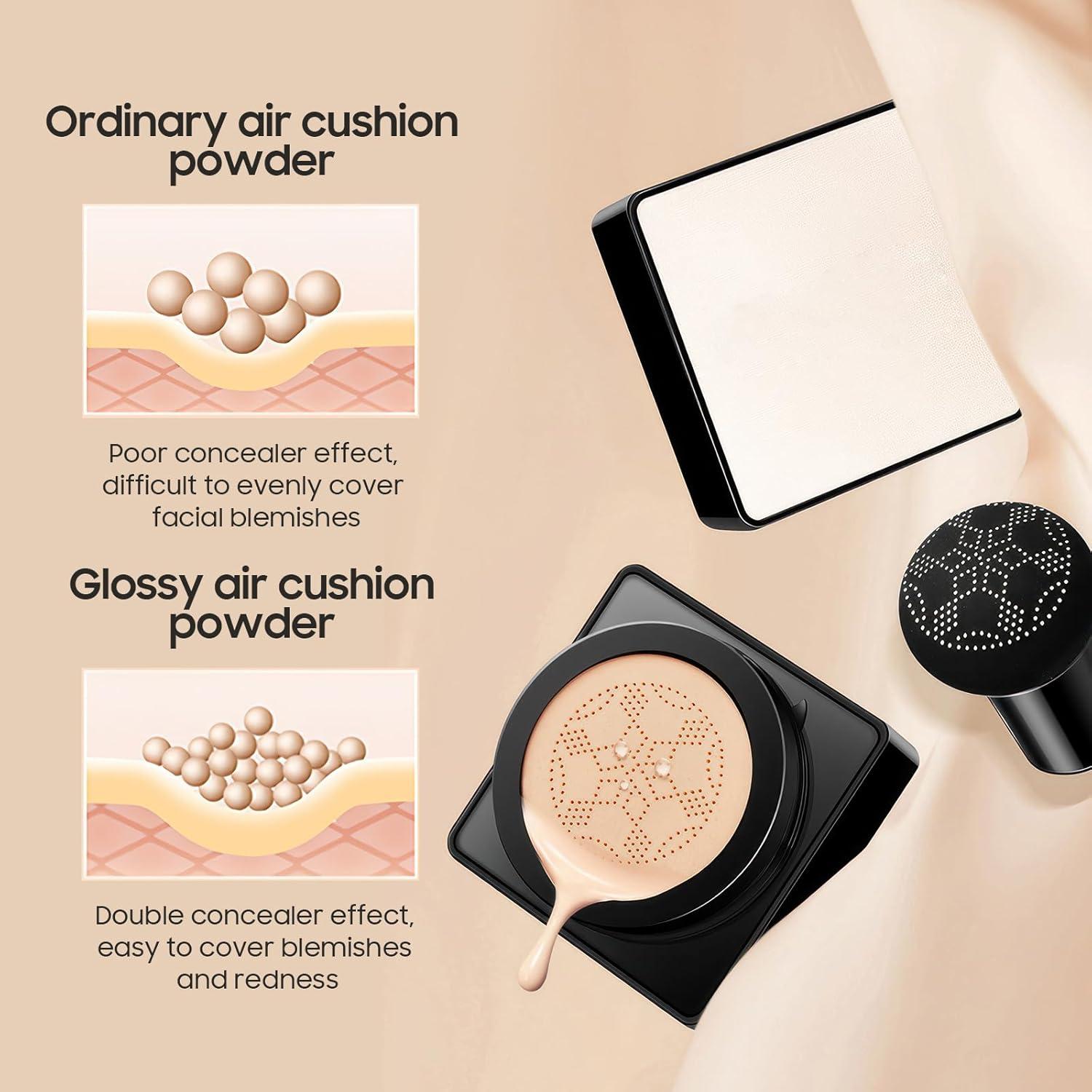 Air Cushion CC Cream Mushroom Head - Moisturizing & Oil Control Screw Lid Concealer Makeup Base, Primer Liquid Foundation Long Lasting with Mushroom Makeup Sponges for All Skin Types (Ivory)