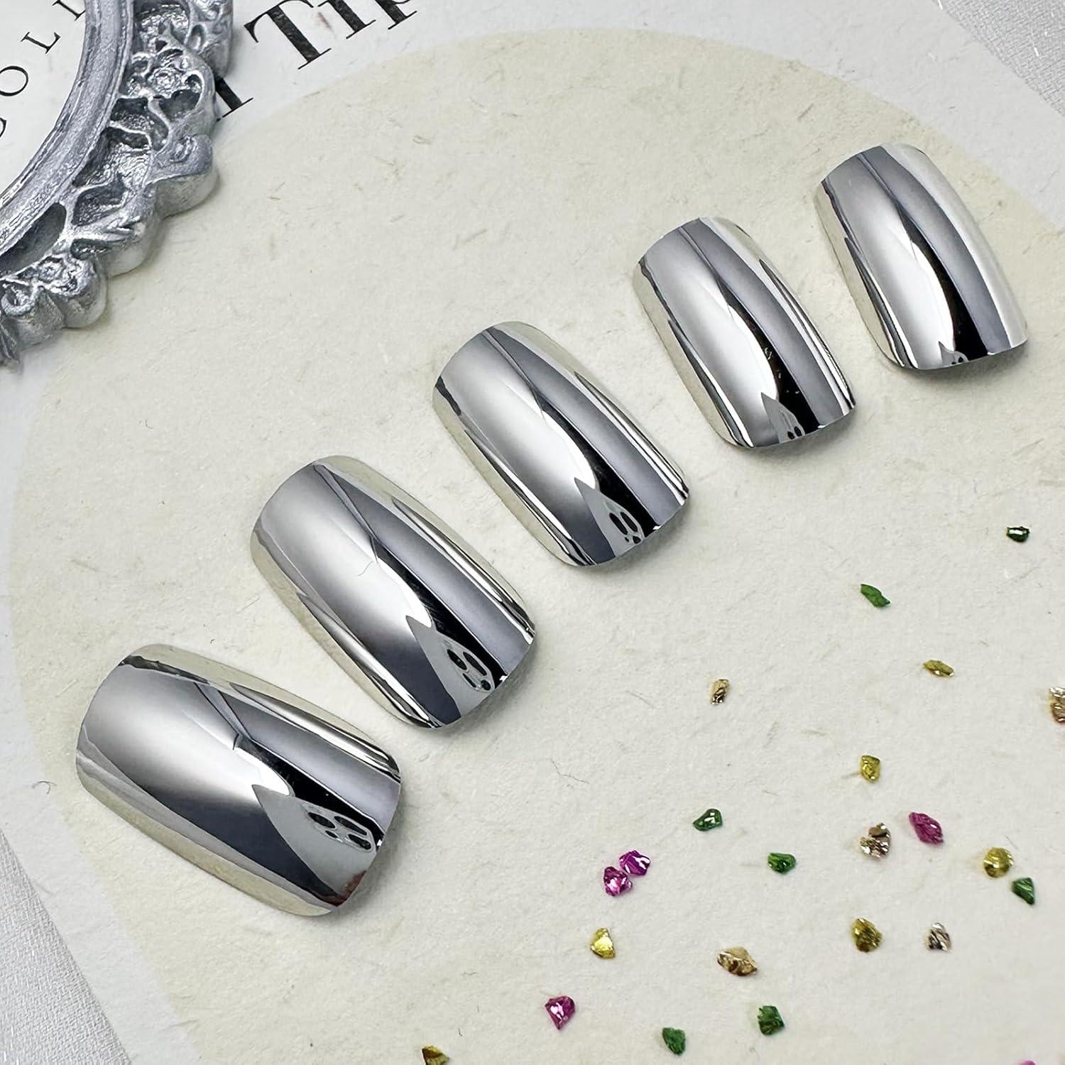 Uñas Postizas Metálicas FJSMTOPL Cuadradas Plata 24 Piezas