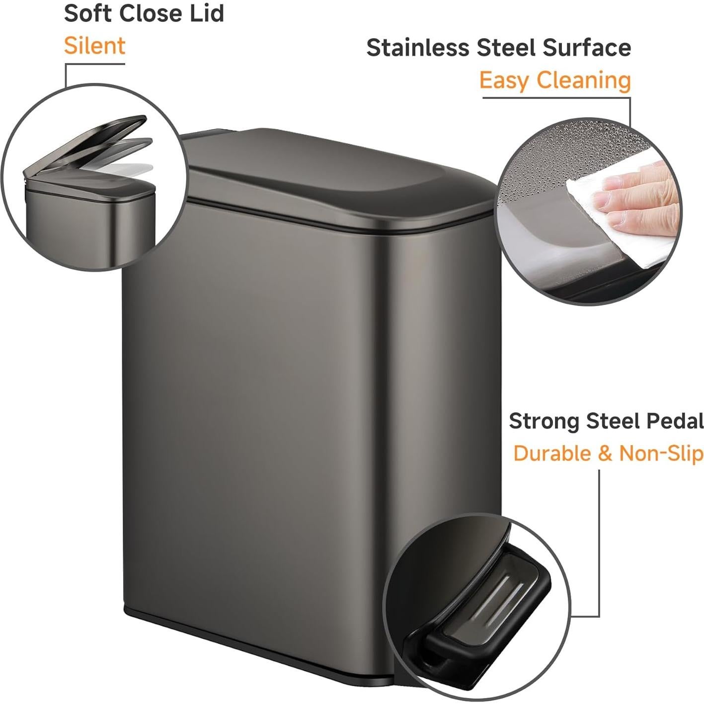 Papelera de Baño TIPGO Slim 6L con Tapa Cierre Suave - Negro Dorado