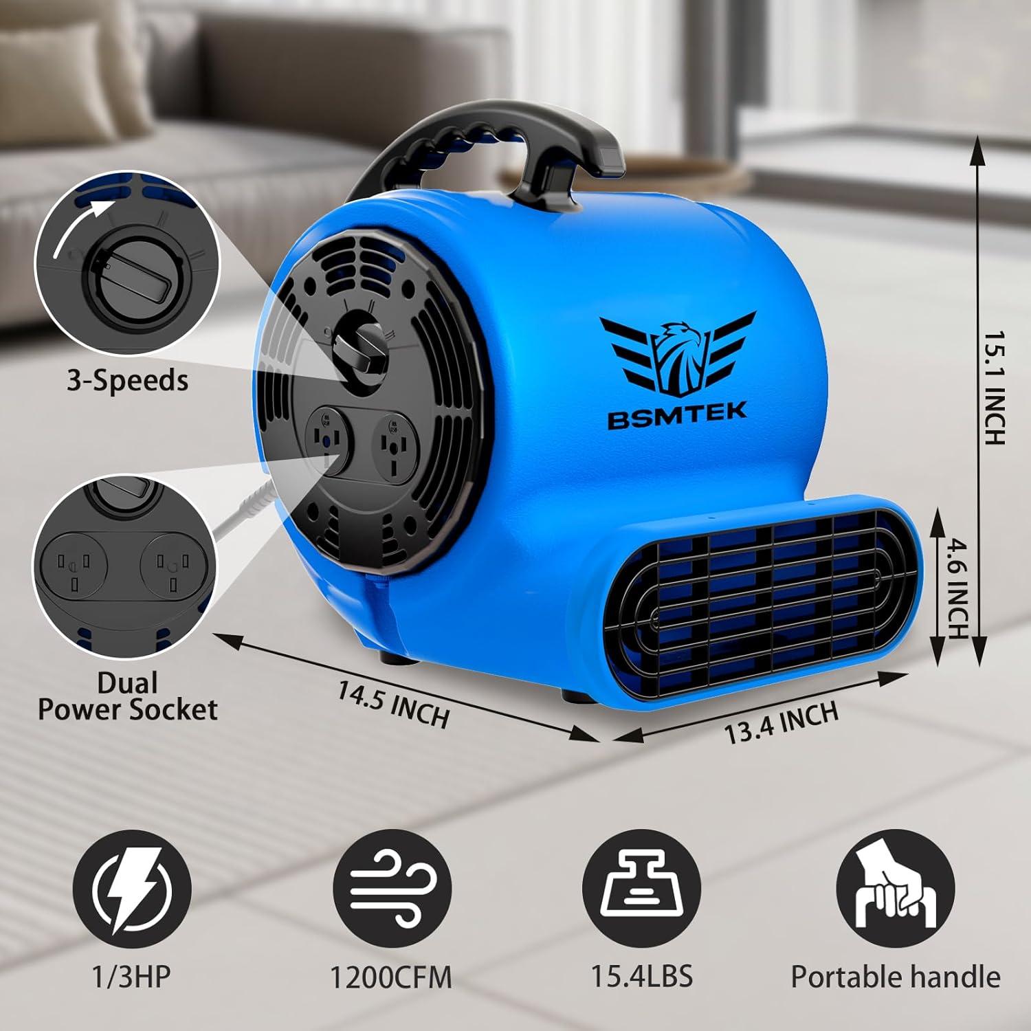 Air Mover Blower Fan, Industrial 1/3HP 1200CFM Monster Floor Blower Carpet Dryers - 3 Speeds Switch, 4 Adjustable Angles, 10FT Long Cord, Stackable - 2025 Upgraded