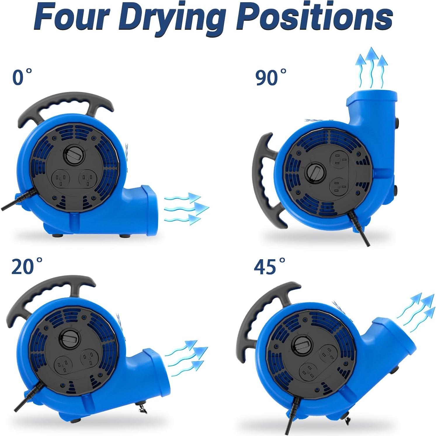 Air Mover Blower Fan, Industrial 1/3HP 1200CFM Monster Floor Blower Carpet Dryers - 3 Speeds Switch, 4 Adjustable Angles, 10FT Long Cord, Stackable - 2025 Upgraded