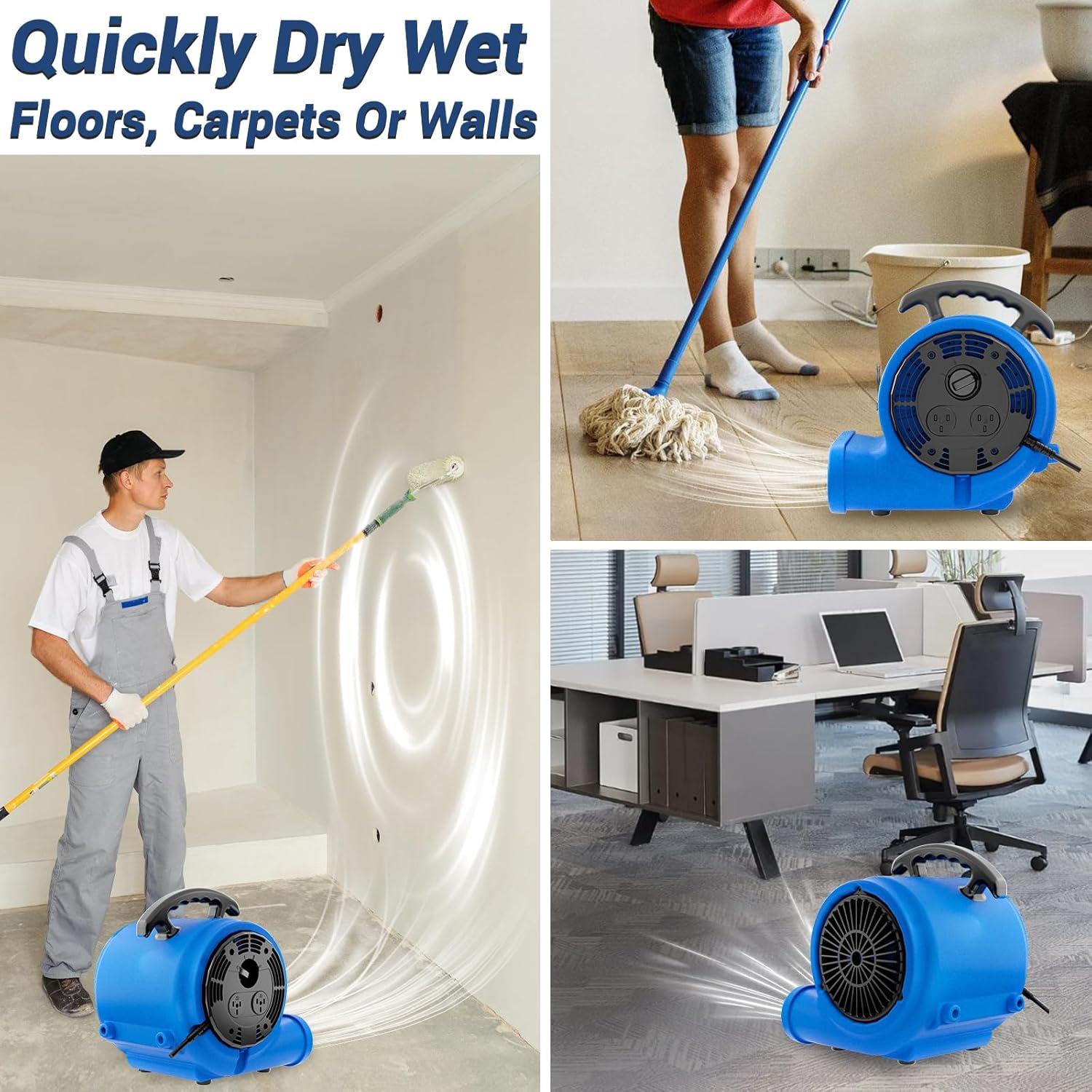 Air Mover Blower Fan, Industrial 1/3HP 1200CFM Monster Floor Blower Carpet Dryers - 3 Speeds Switch, 4 Adjustable Angles, 10FT Long Cord, Stackable - 2025 Upgraded