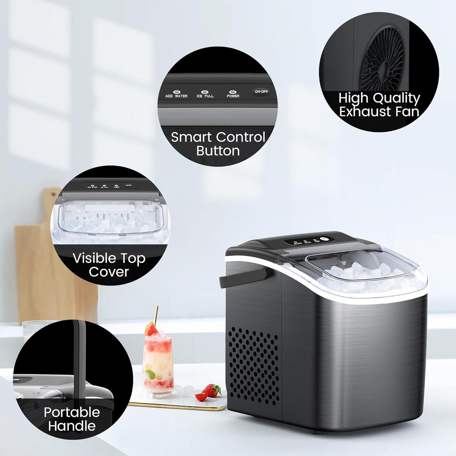 Fabricador de Hielo Electactic 12 kg/día, Auto-Limpieza, Negro