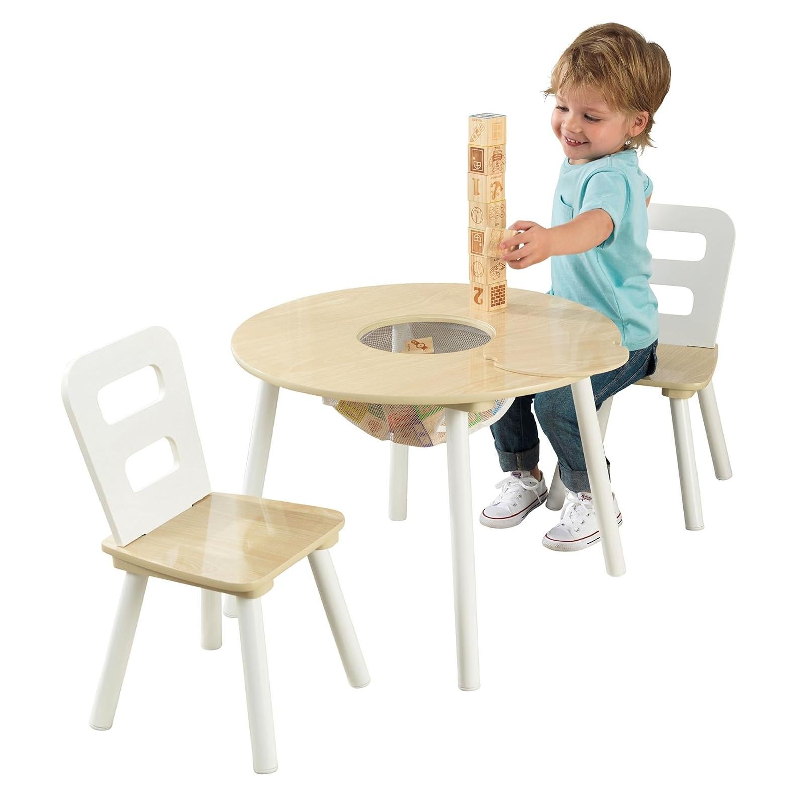 Juego de Mesa Redonda KidKraft con 2 Sillas y Almacenamiento - Natural y Blanco