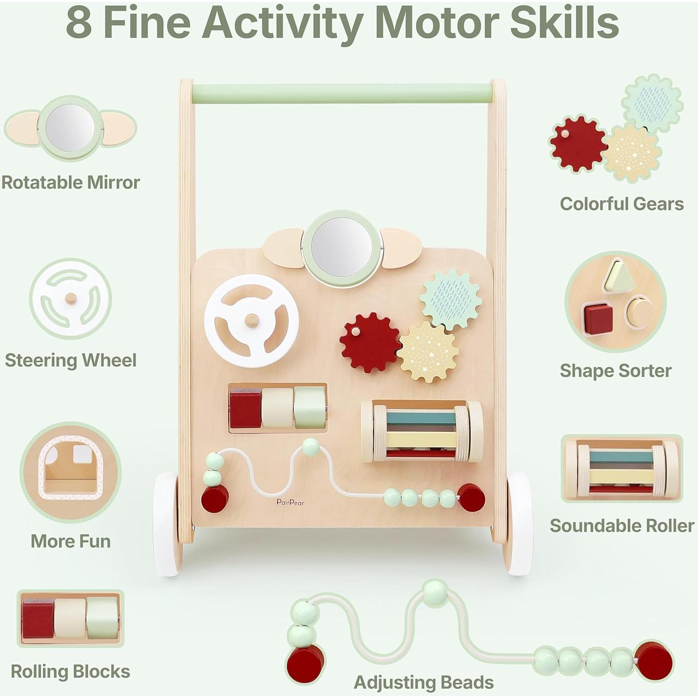 Andador de Madera PairPear Verde Salvia con Ruedas y Actividades