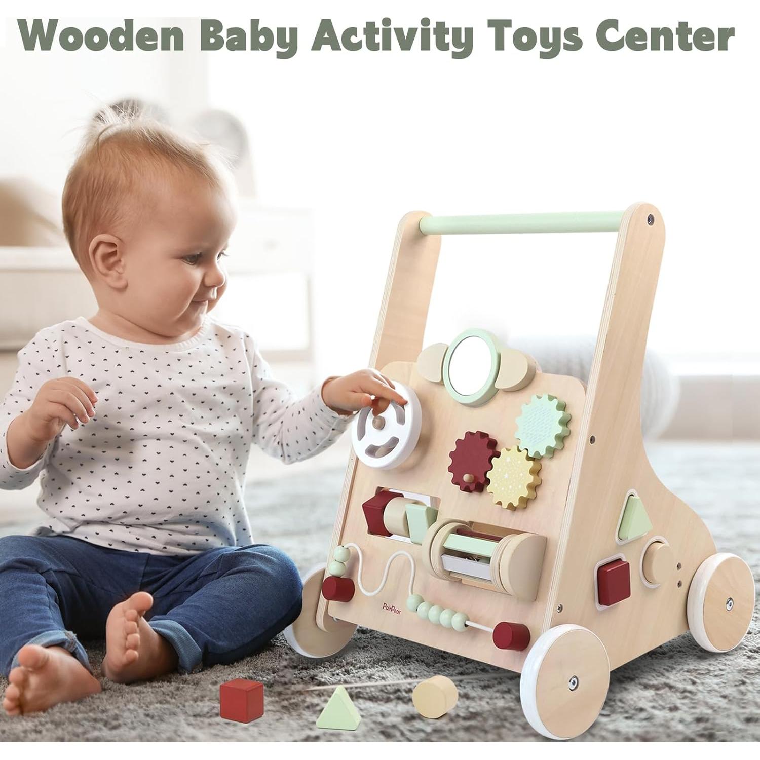 Andador de Madera PairPear Verde Salvia con Ruedas y Actividades