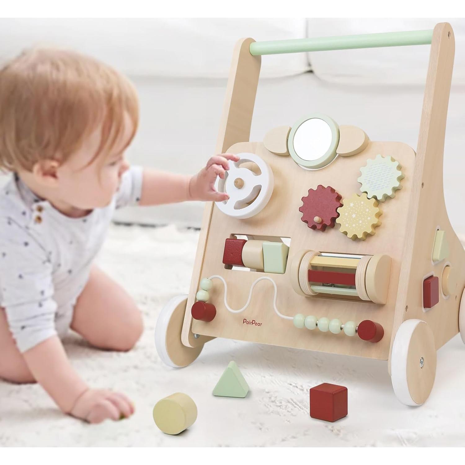 Andador de Madera PairPear Verde Salvia con Ruedas y Actividades