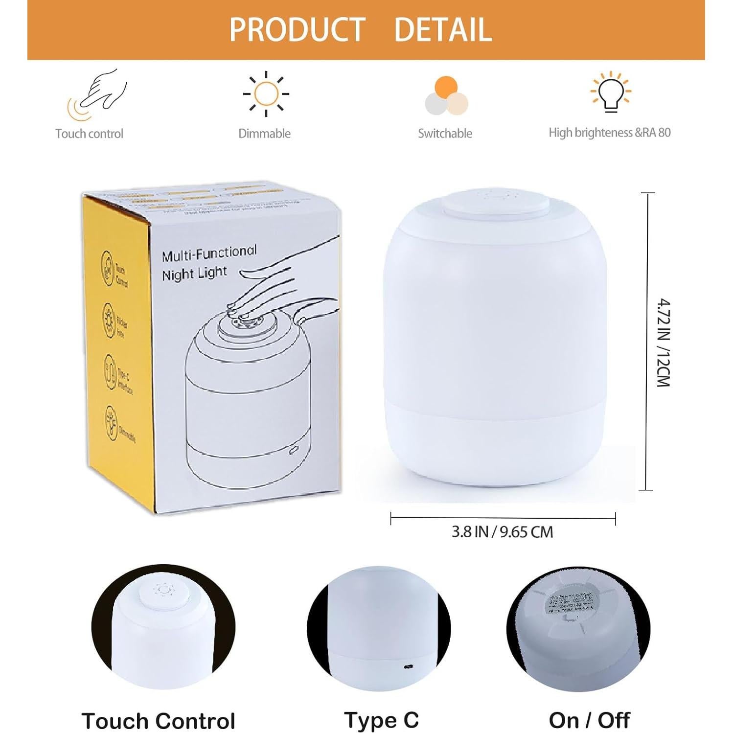 Luz Nocturna Táctil Deogos 2 Pack Regulable USB 12cm