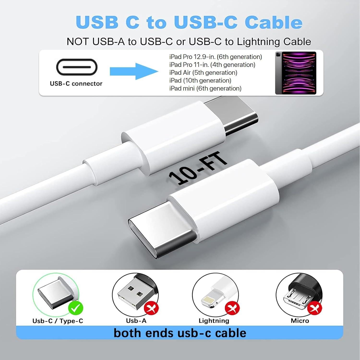Cargador Rápido USB-C 20W + Cable 10 pies para iPad