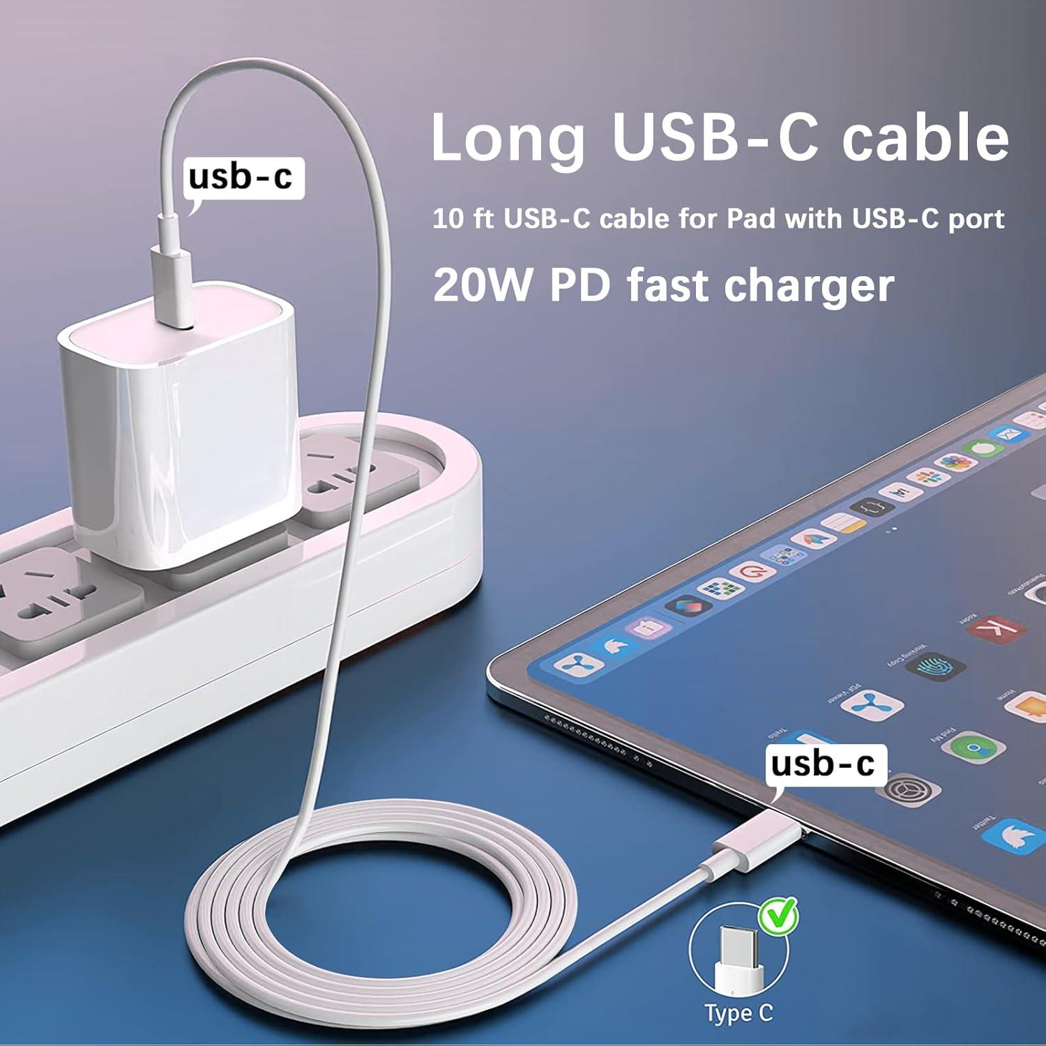 Cargador Rápido USB-C 20W + Cable 10 pies para iPad