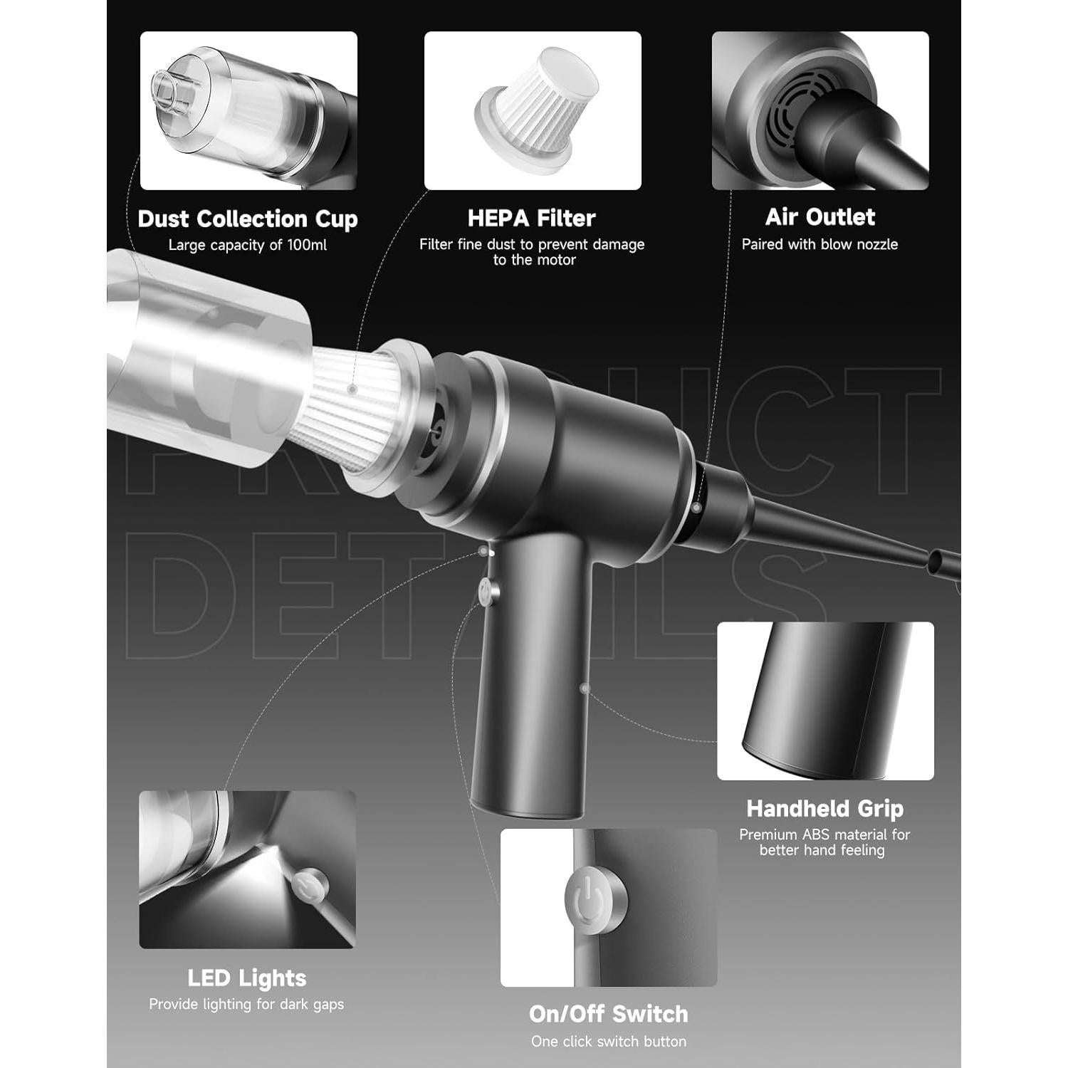 Aspiradora de Mano Inalámbrica ArCodivei 120W 15000Pa con Luz LED