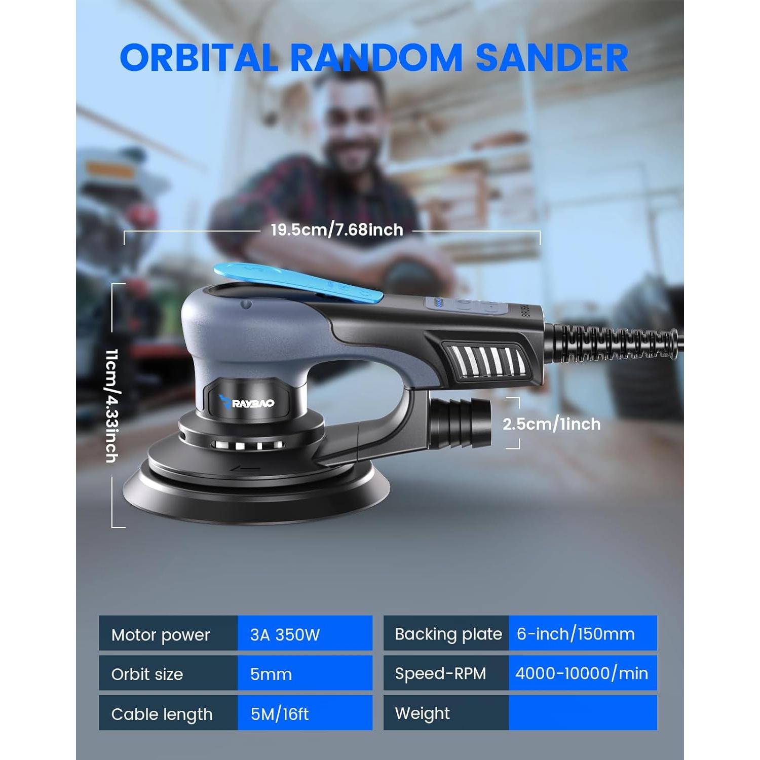 Lijadora Orbital RAYBAO 350W 6 Pulgadas 10,000 RPM Baja Vibración