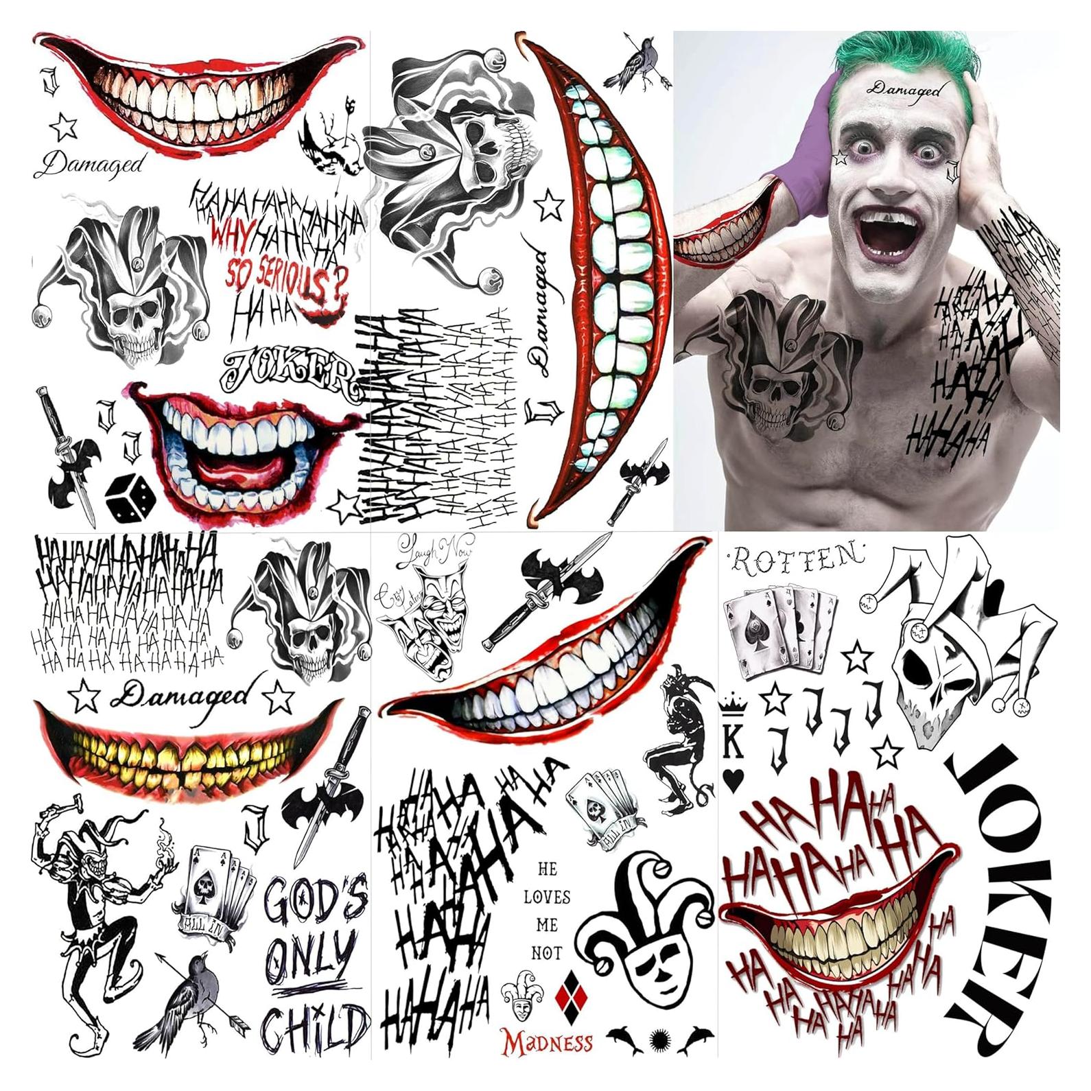 5 Sheets 3D Joker Temporary Tattoos For Men Women Adults Halloween Makeup Kit, Ghost Clown Scary Smile Face Damaged Joker Tattoos, Prisoner Halloween Cosplay Prank Costume Rave Accessories