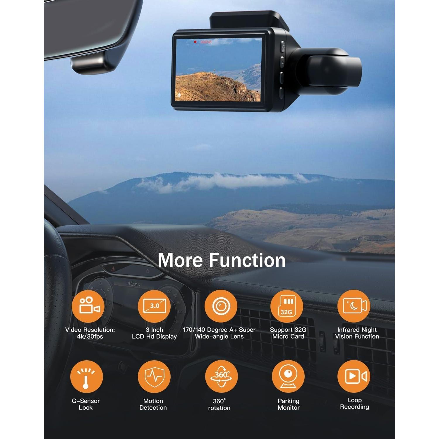 Cámara Dash Cam Dual 360° UOOYOO 2K+1080P con SD 32GB