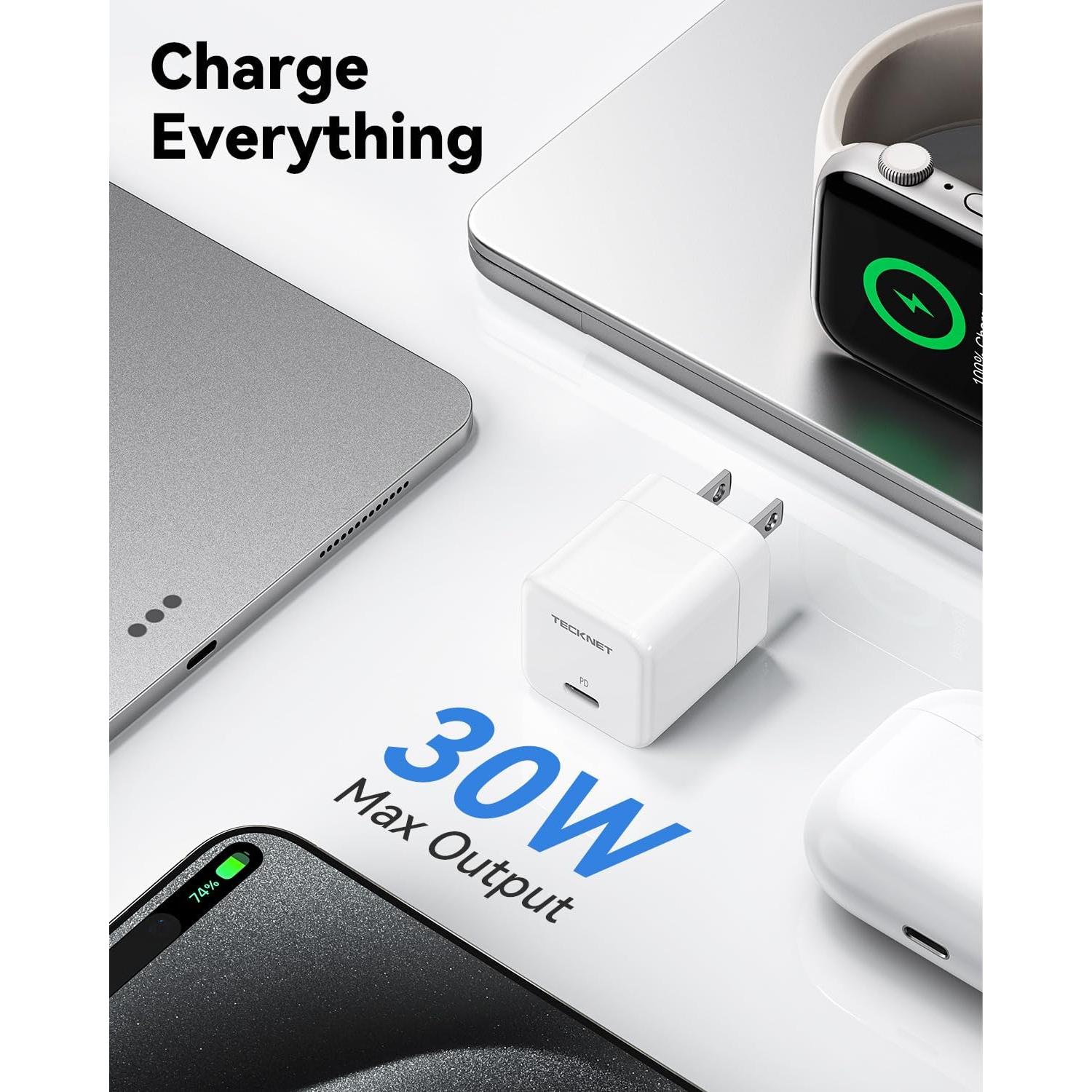 Cargador TECKNET USB C 30W Plegable Carga Rápida con Cable 1.5m