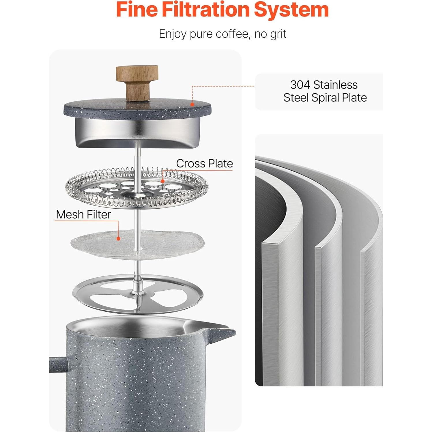 Cafetera Prensa Francesa VEVOR 1L Acero Inoxidable Doble Pared