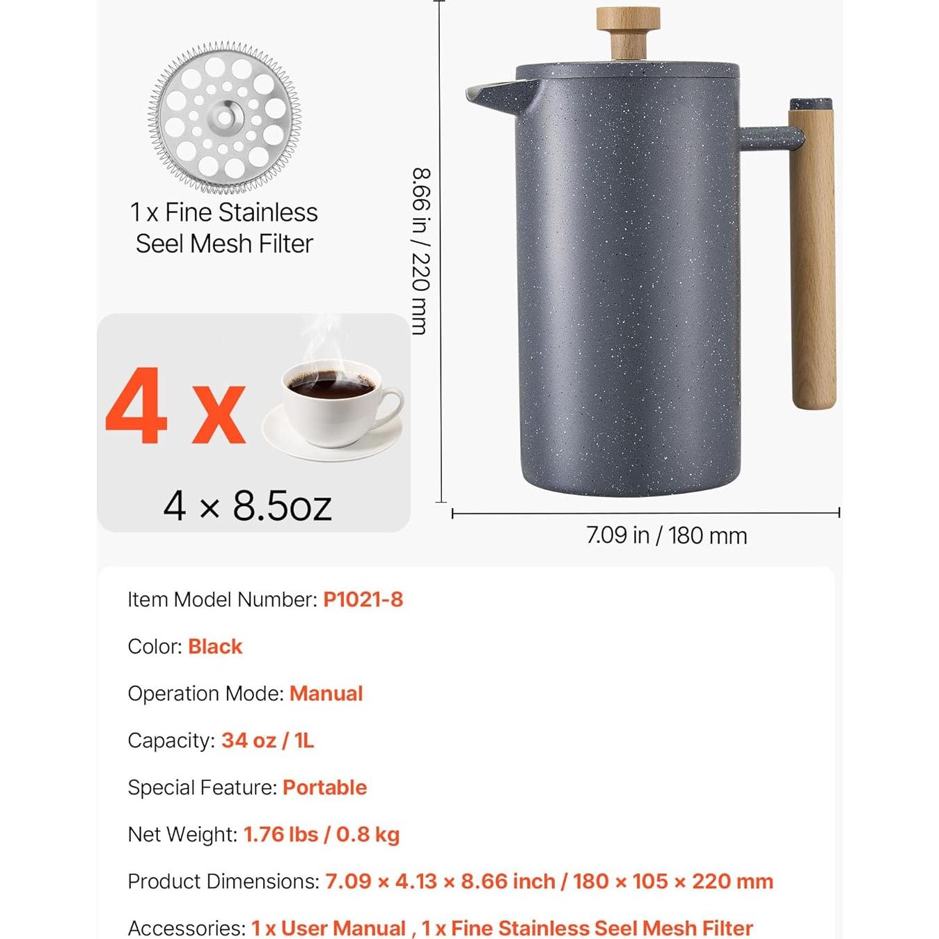 Cafetera Prensa Francesa VEVOR 1L Acero Inoxidable Doble Pared