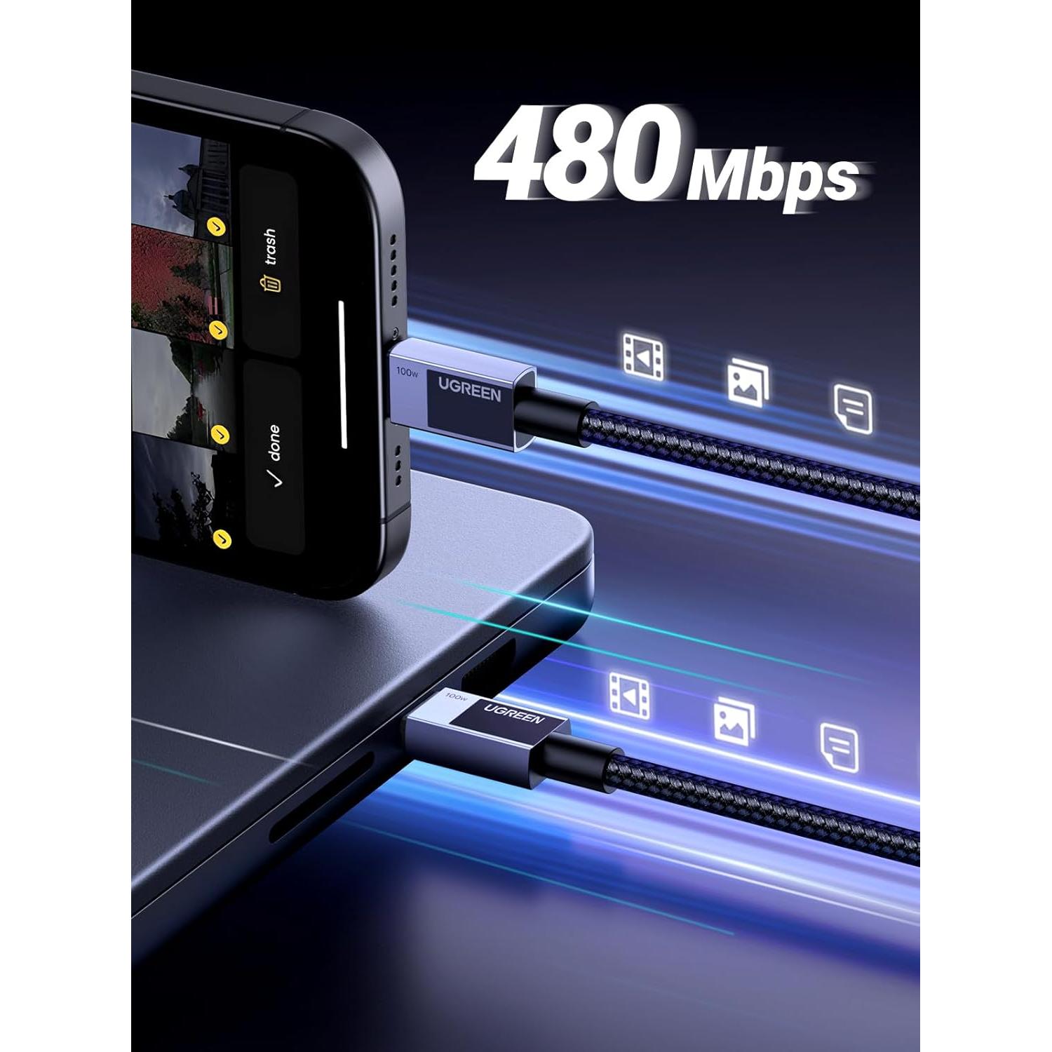 UGREEN Cable USB C 0.49m - Carga Rápida 100W para iPhone 15