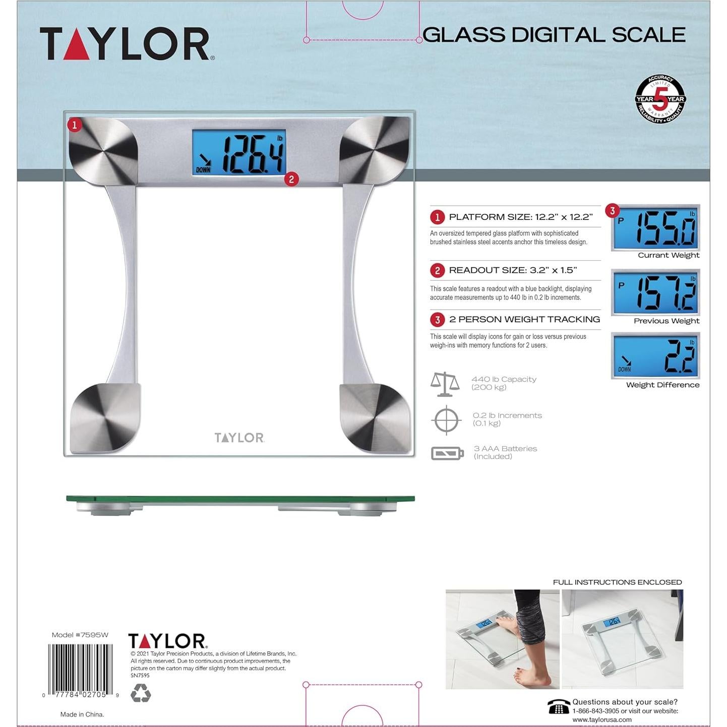 Escala Digital de Vidrio Taylor 200 kg, Pantalla LCD, Transparente