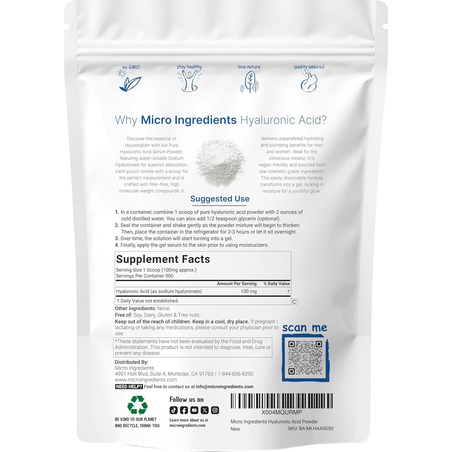 Polvo de Ácido Hialurónico Micro Ingredients 50g - Hidratante Vegano