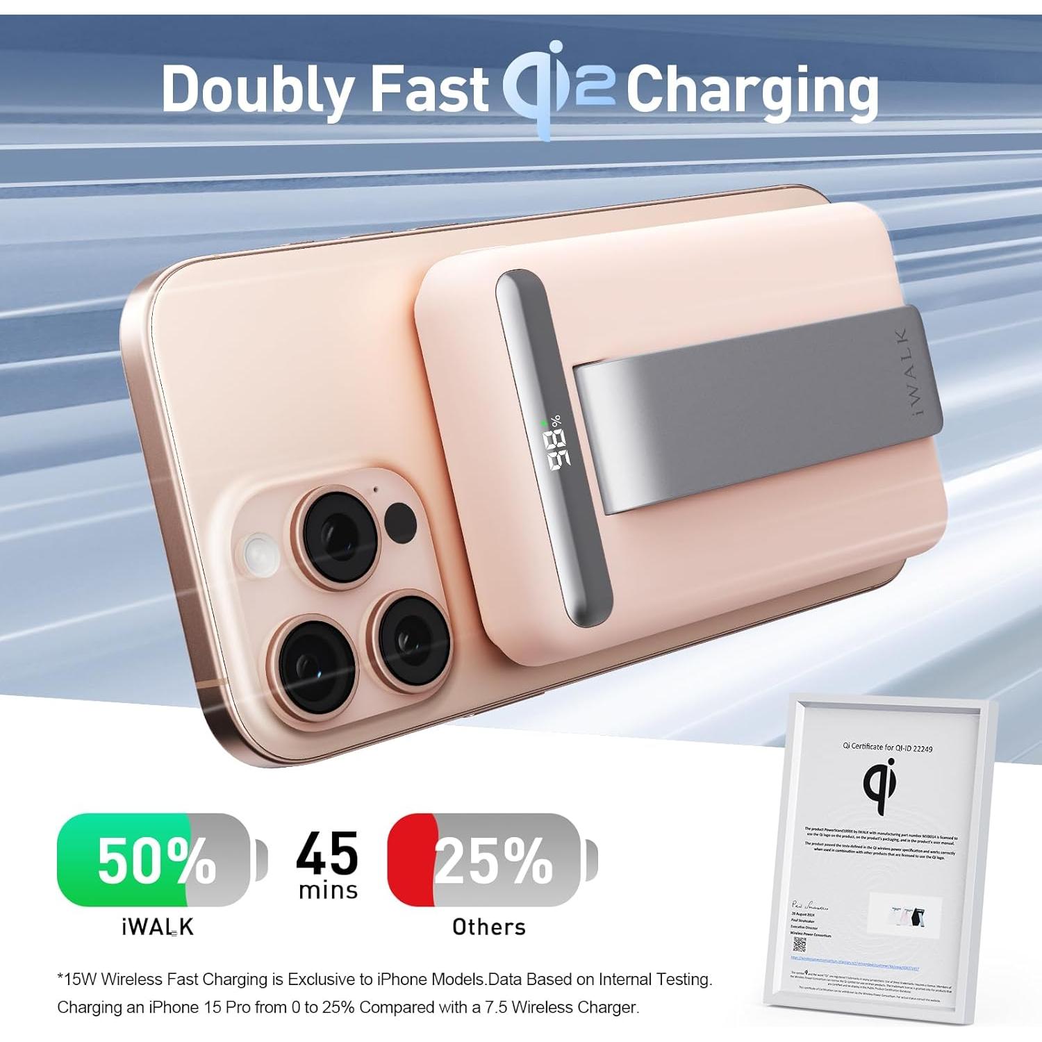 Batería Portátil Inalámbrica iWALK Qi2 10000mAh 15W Rosa