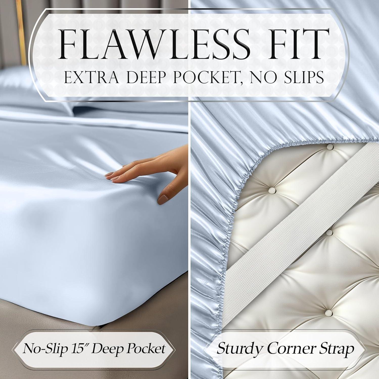 Juego de Sábanas de Satén DECOLURE Individual 3 Piezas Azul Bebé