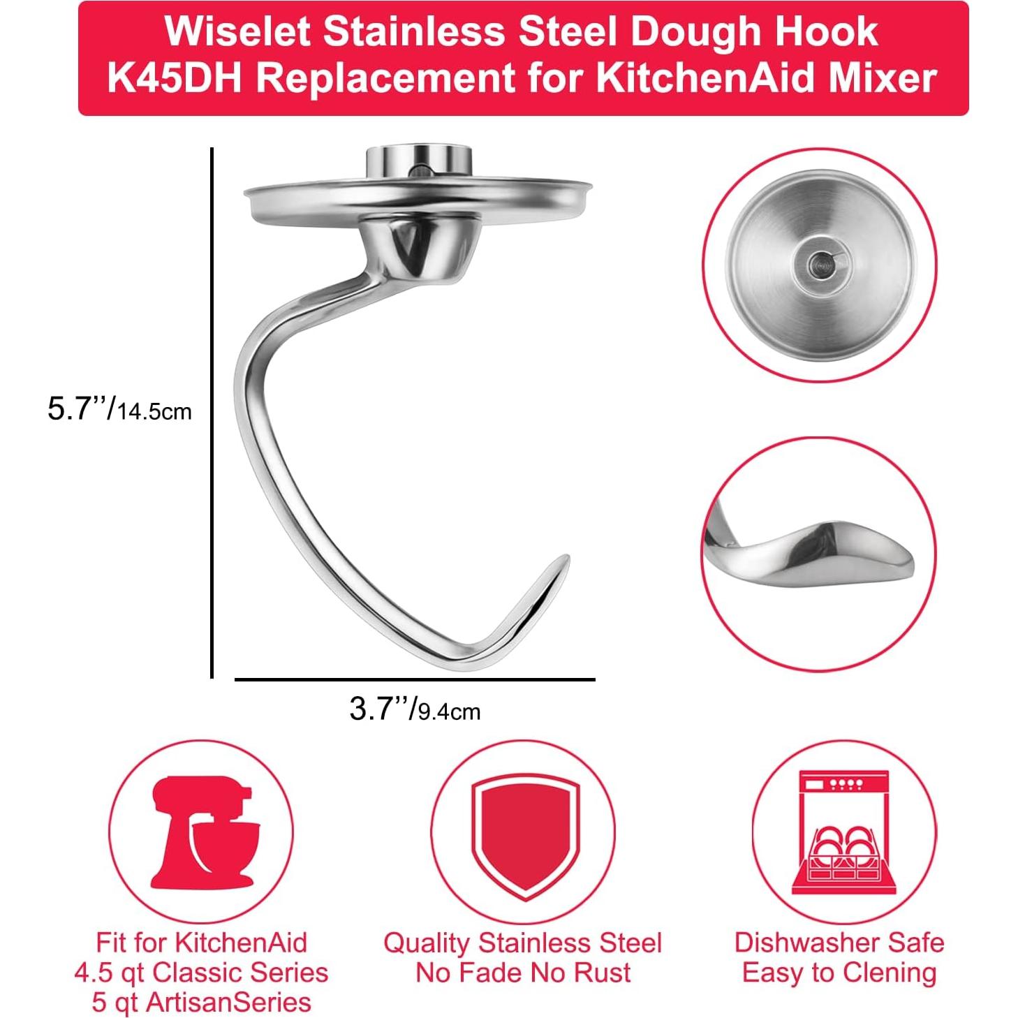 Gancho de masa de acero inoxidable Wiselet para KitchenAid 4.5-5 Qt