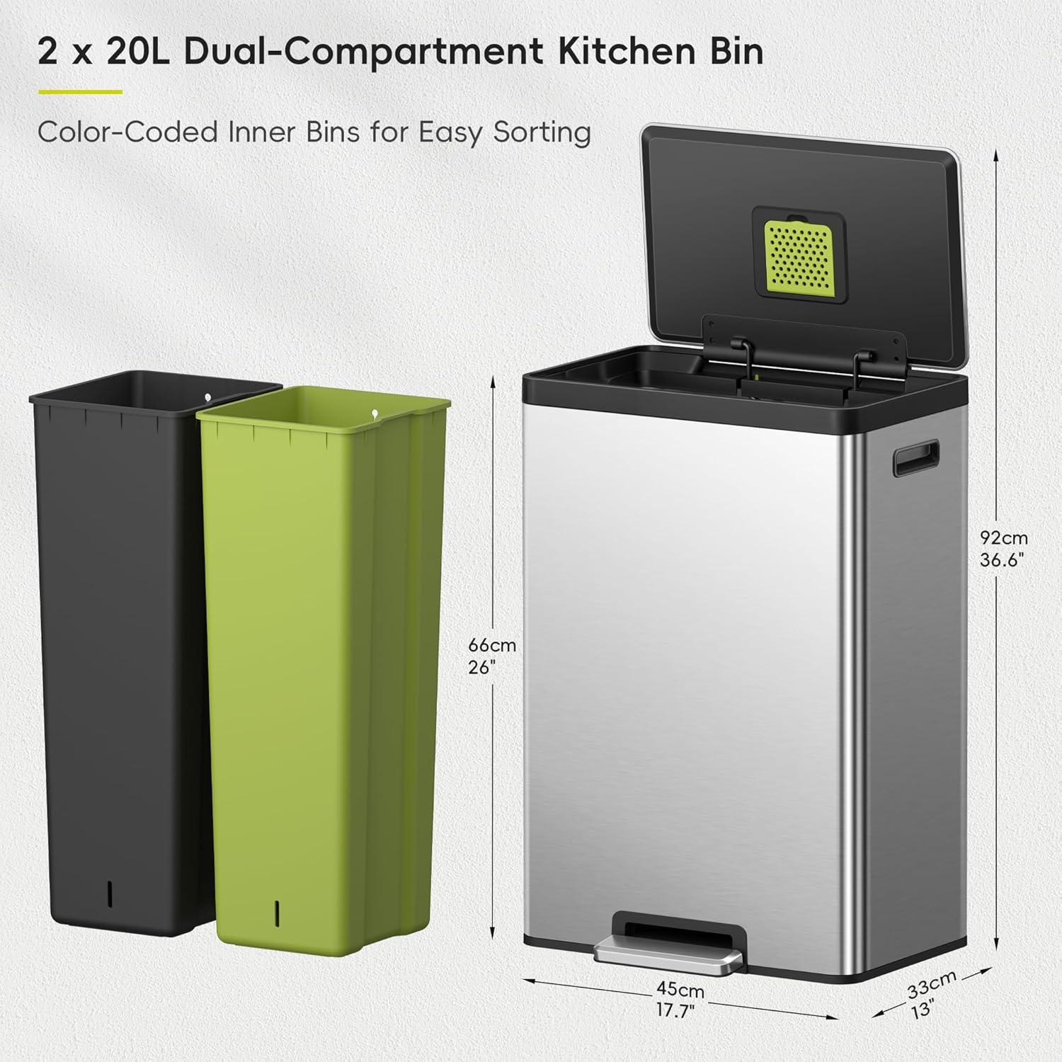 Cubo de Basura EKO EcoCasa II 40L Doble Compartimento Acero Inoxidable