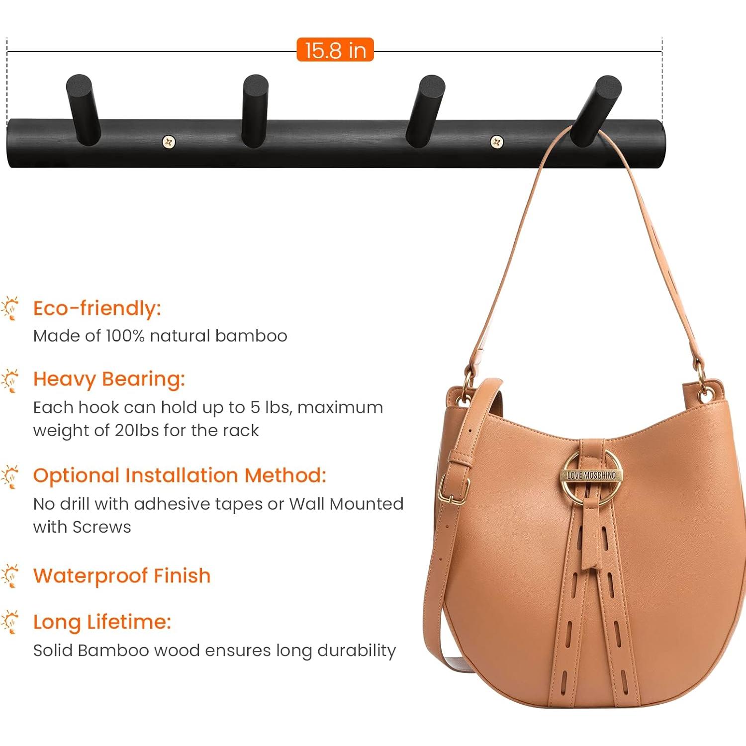 Ganchos de Pared Homode de Madera Natural, 4 Ganchos, Negro