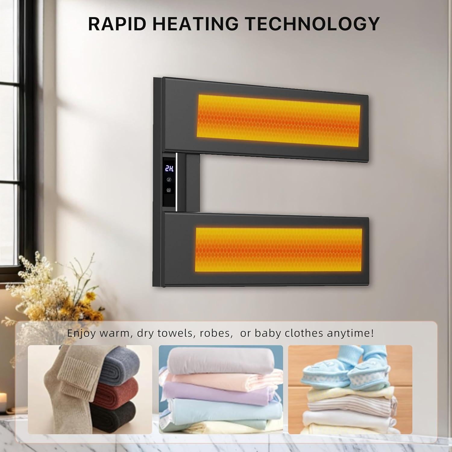 Soporte de Toallas Calentado Eléctrico EIKANIOS 2Bar Negro