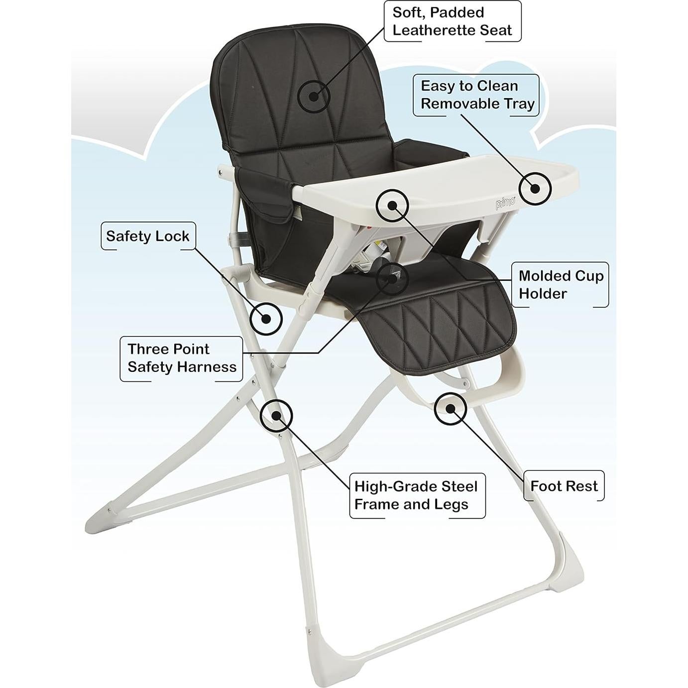 Silla Alta Plegable PopUp Primo Negra para Bebé 6-36 Meses