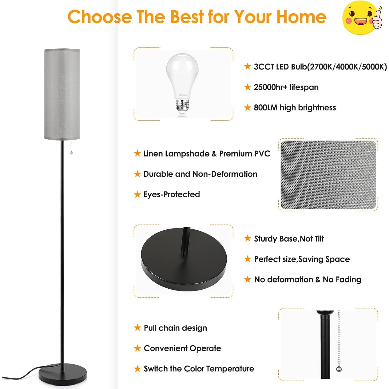 Lámpara de Pie LED Coucerk Gris 3 Temperaturas de Color