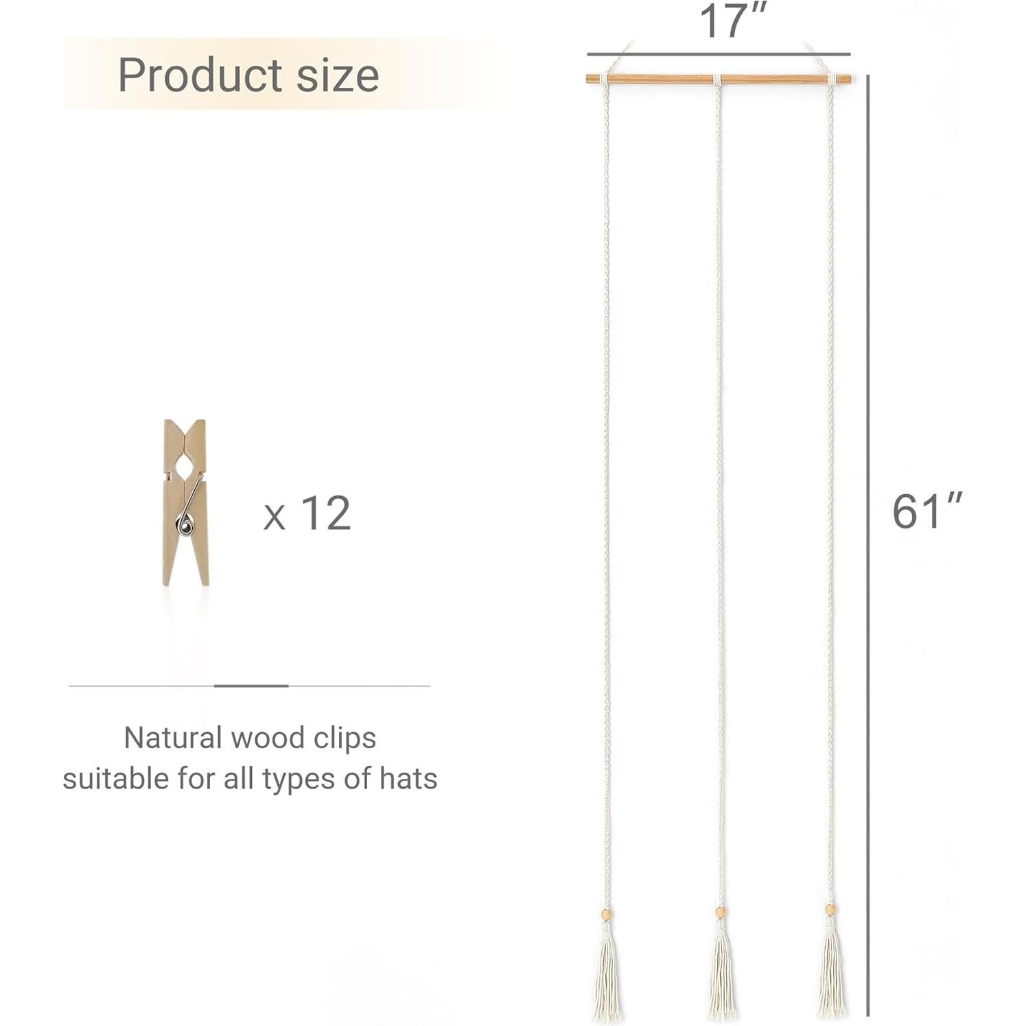 Soporte para Sombreros Mkono de Pared con 3 Cuerdas 155 cm