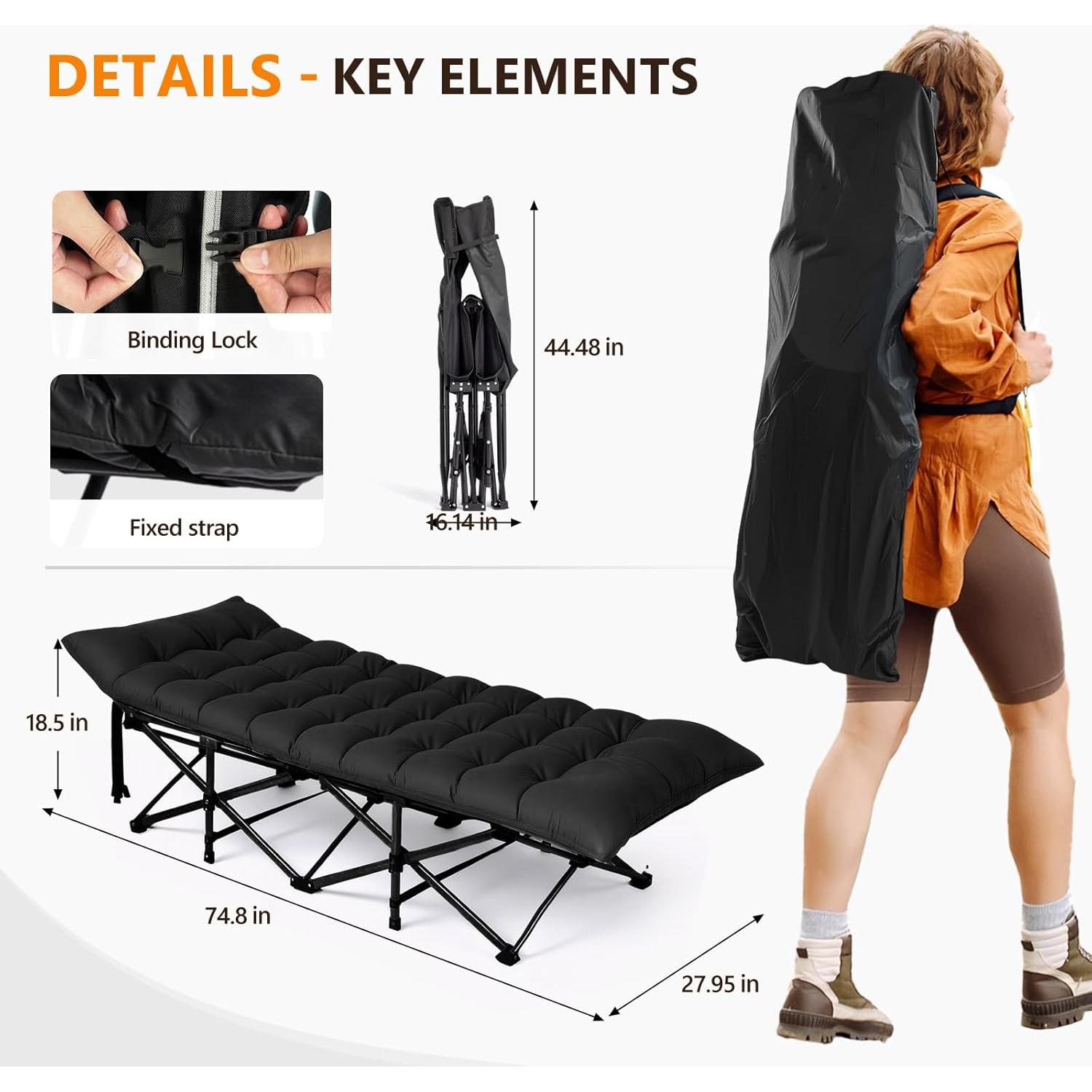 Cama Plegable para Camping VINGLI con Colchón Desmontable Negro