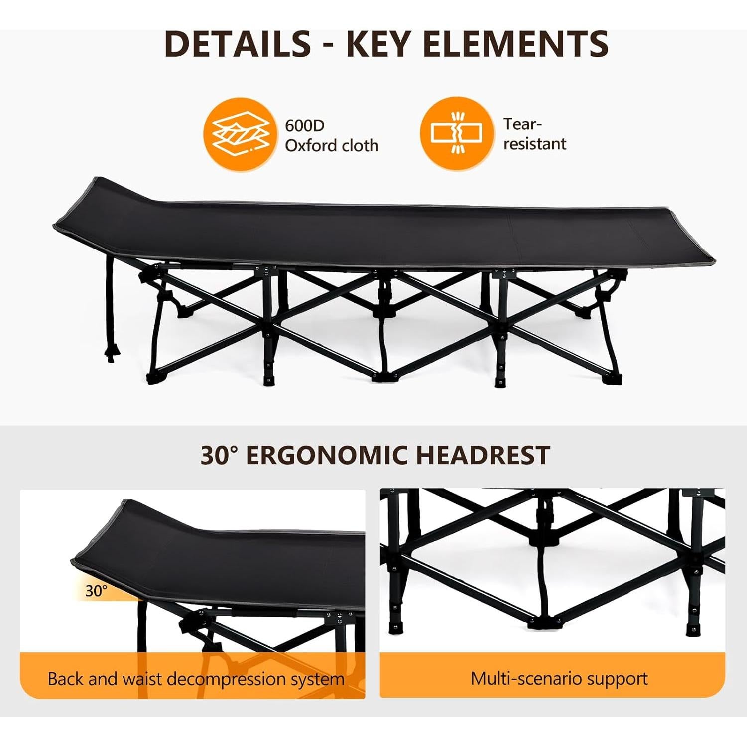 Cama Plegable para Camping VINGLI con Colchón Desmontable Negro