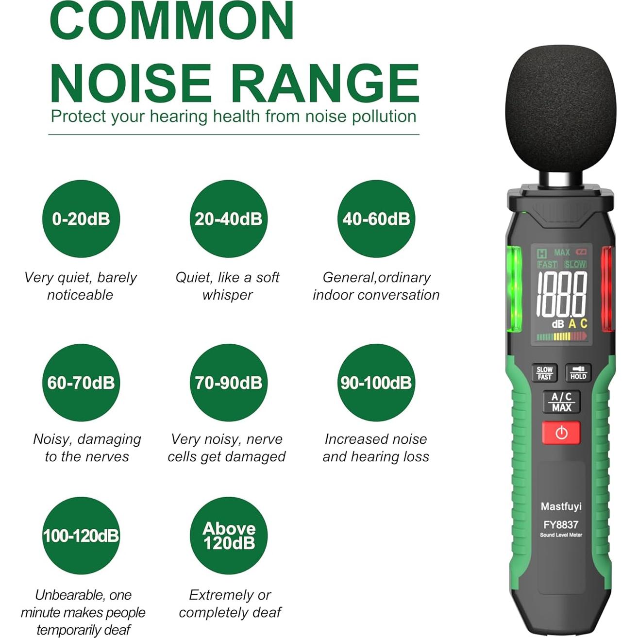 Medidor de Decibelios Mastfuyi FY8837 30-130 dB Digital Portátil