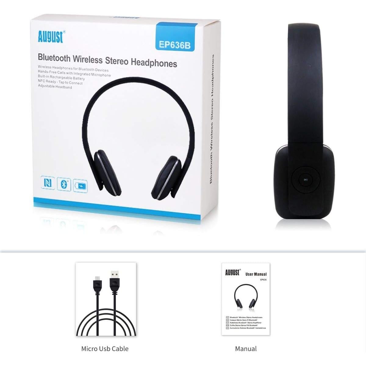 Auriculares Bluetooth August EP636 Inalámbricos Negro - 12h Batería
