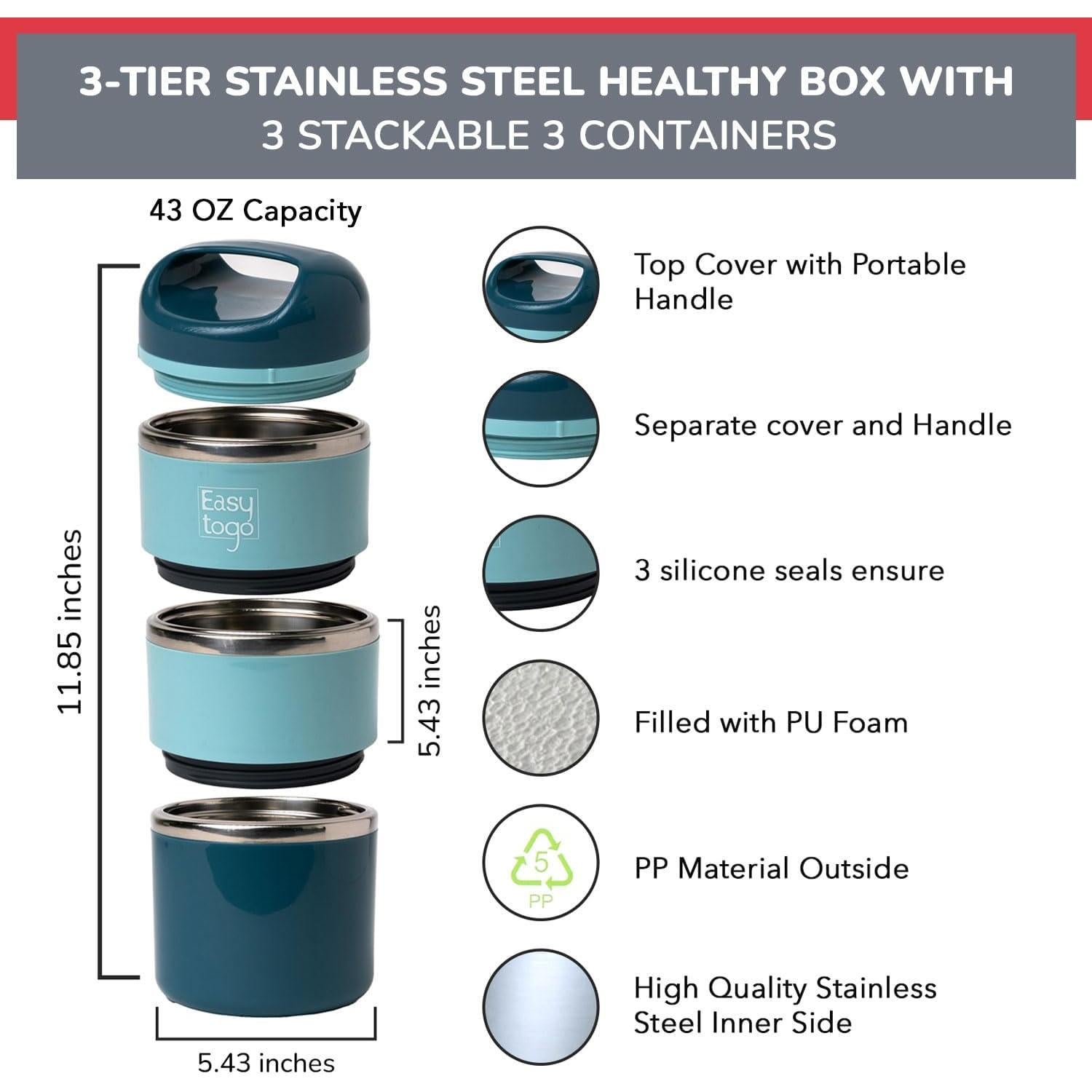 Caja de Almuerzo 3 Niveles Easy Togo Acero Inoxidable 1230ml Azul