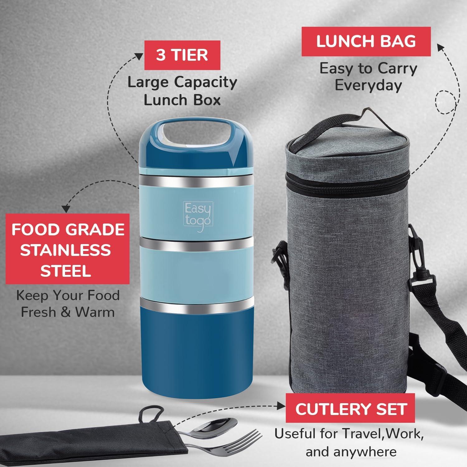Caja de Almuerzo 3 Niveles Easy Togo Acero Inoxidable 1230ml Azul