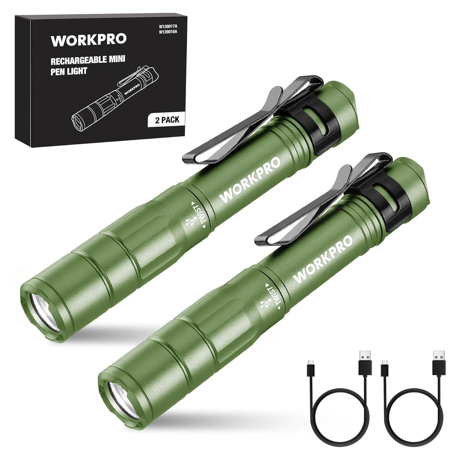 Linterna Mini WORKPRO Verde, 300 Lúmenes, Recargable, 2 Pzs