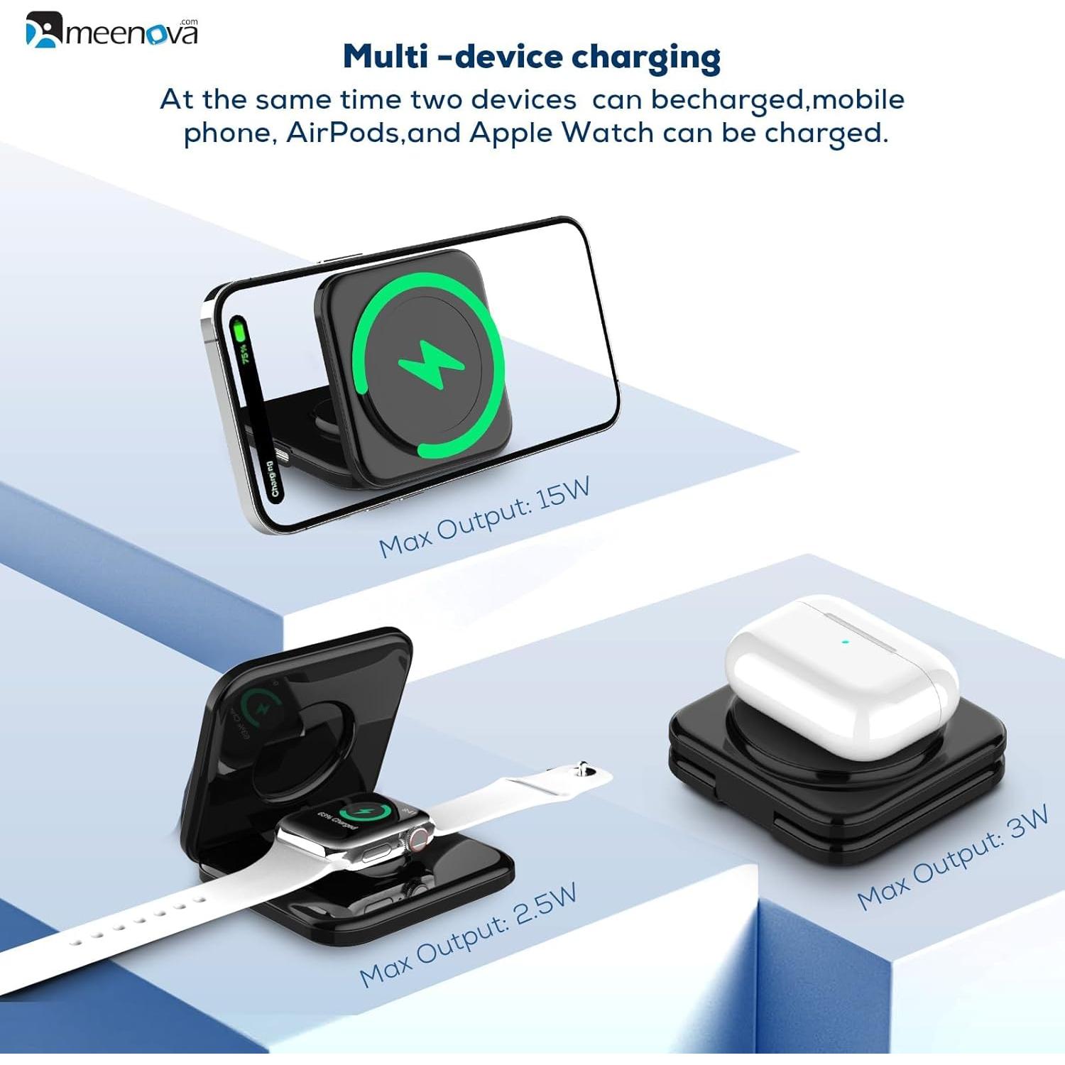 Cargador Inalámbrico 3 en 1 Meenova para iPhone, Reloj y AirPods