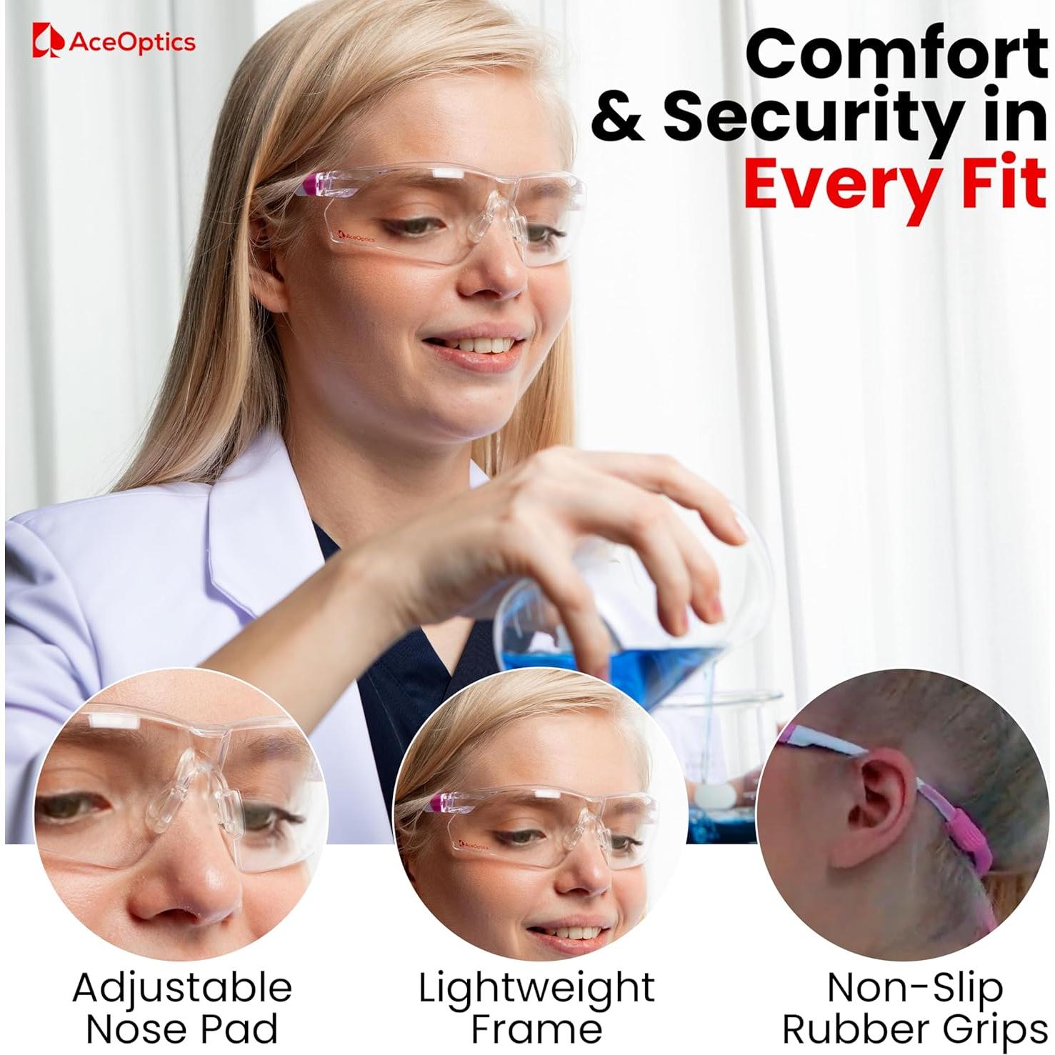 Gafas de Seguridad AceOptics ANSI Z87 Rosa Lentes Anti-Niebla