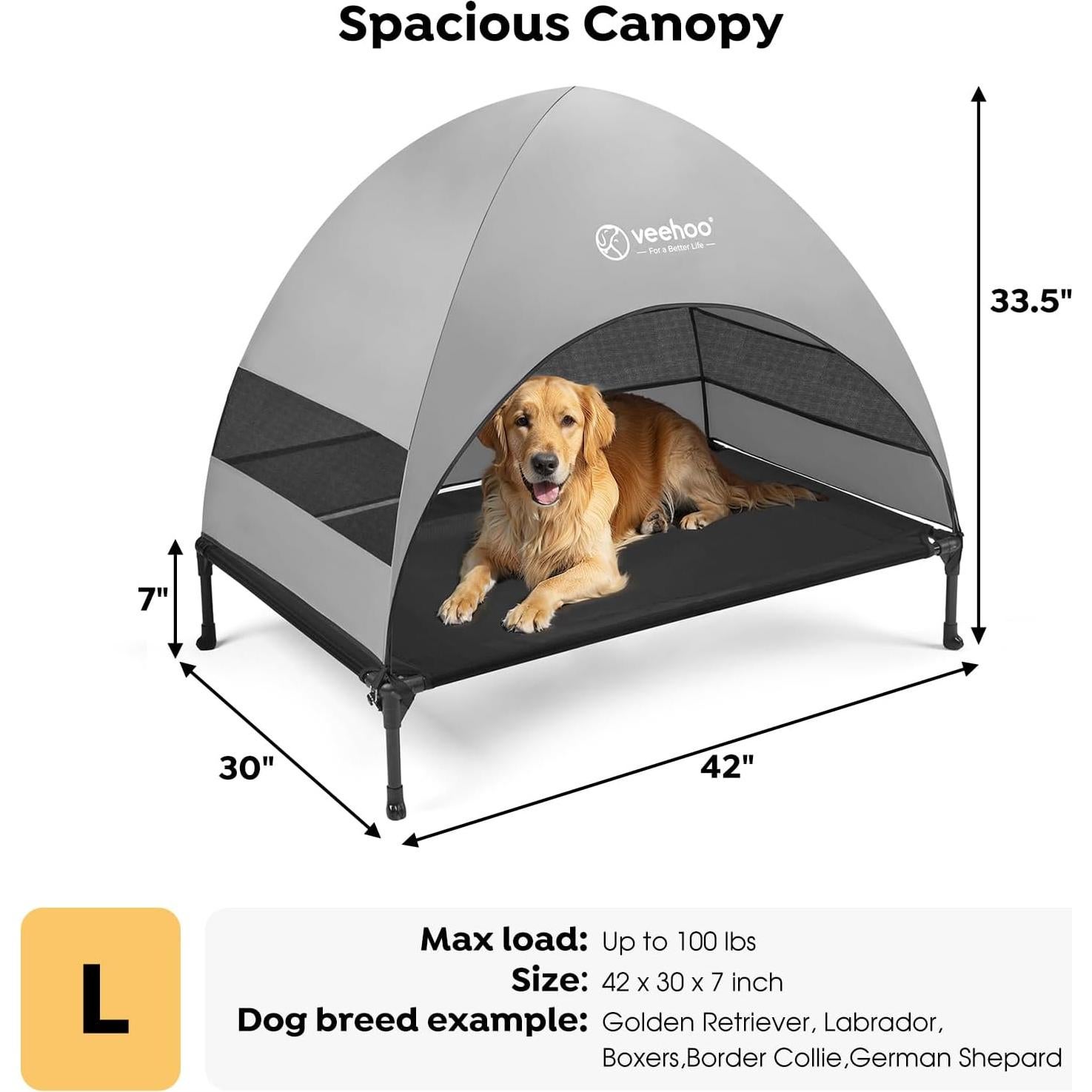 Cama Elevada para Perros Veehoo con Dosel Sombra Negra 106.68x76.2cm