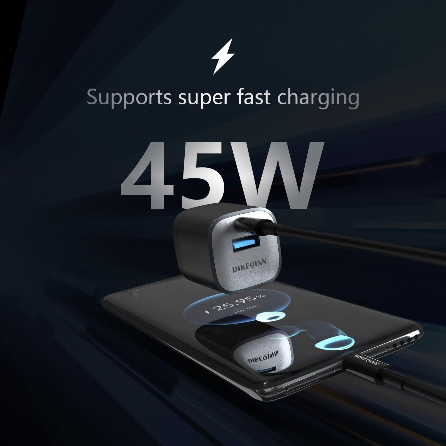 Cargador Rápido 45W GaN DIEKQINN USB-C y USB-A Negro